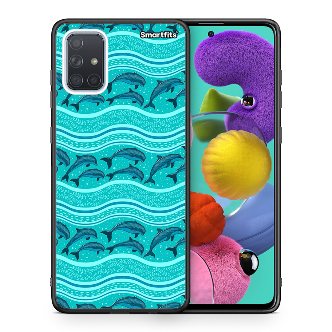 Θήκη Samsung A51 Swimming Dolphins από τη Smartfits με σχέδιο στο πίσω μέρος και μαύρο περίβλημα | Samsung A51 Swimming Dolphins case with colorful back and black bezels