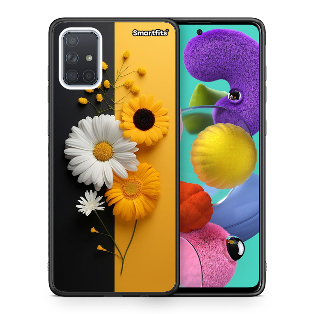 Θήκη Samsung A51 Yellow Daisies από τη Smartfits με σχέδιο στο πίσω μέρος και μαύρο περίβλημα | Samsung A51 Yellow Daisies case with colorful back and black bezels