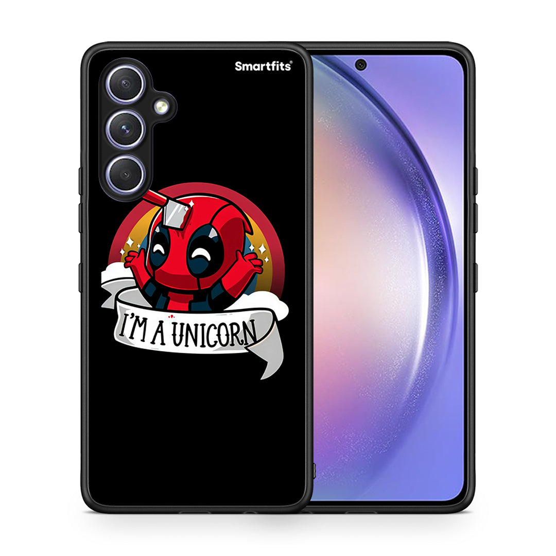 Θήκη Samsung Galaxy A54 Unicorn Deadpool από τη Smartfits με σχέδιο στο πίσω μέρος και μαύρο περίβλημα | Samsung Galaxy A54 Unicorn Deadpool Case with Colorful Back and Black Bezels