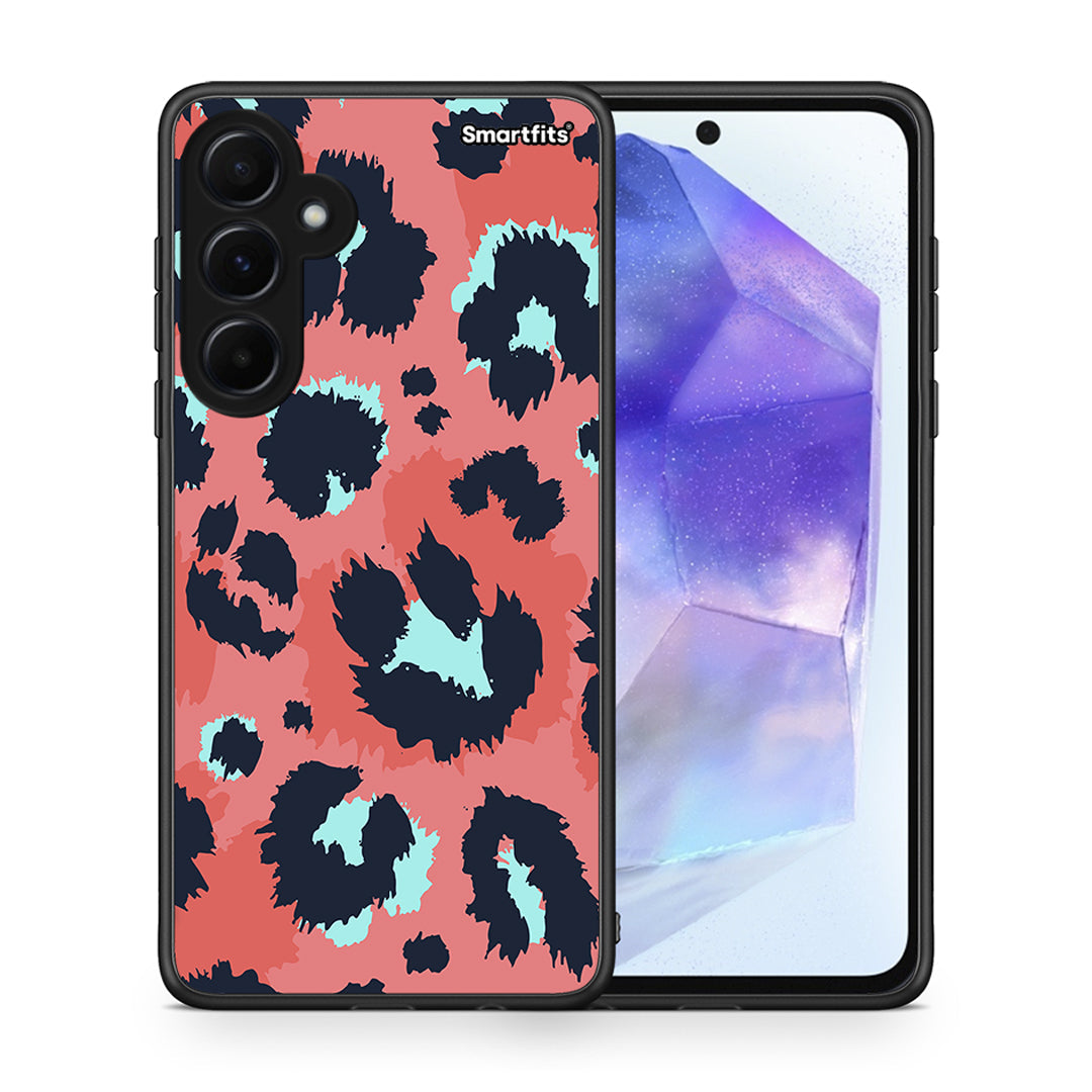 Θήκη Samsung Galaxy A55 Pink Leopard Animal από τη Smartfits με σχέδιο στο πίσω μέρος και μαύρο περίβλημα | Samsung Galaxy A55 Pink Leopard Animal case with colorful back and black bezels