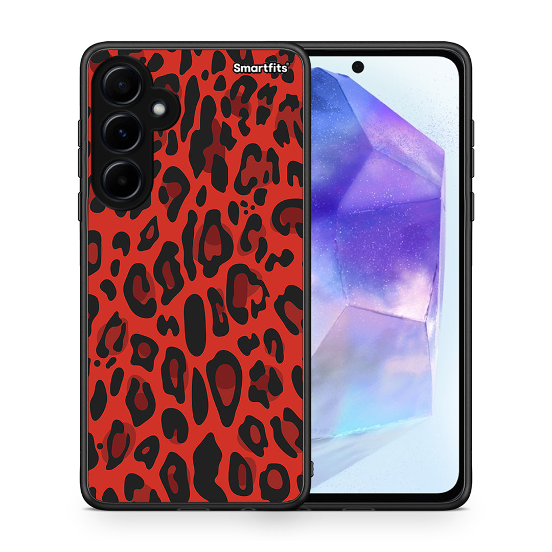 Θήκη Samsung Galaxy A55 Red Leopard Animal από τη Smartfits με σχέδιο στο πίσω μέρος και μαύρο περίβλημα | Samsung Galaxy A55 Red Leopard Animal case with colorful back and black bezels