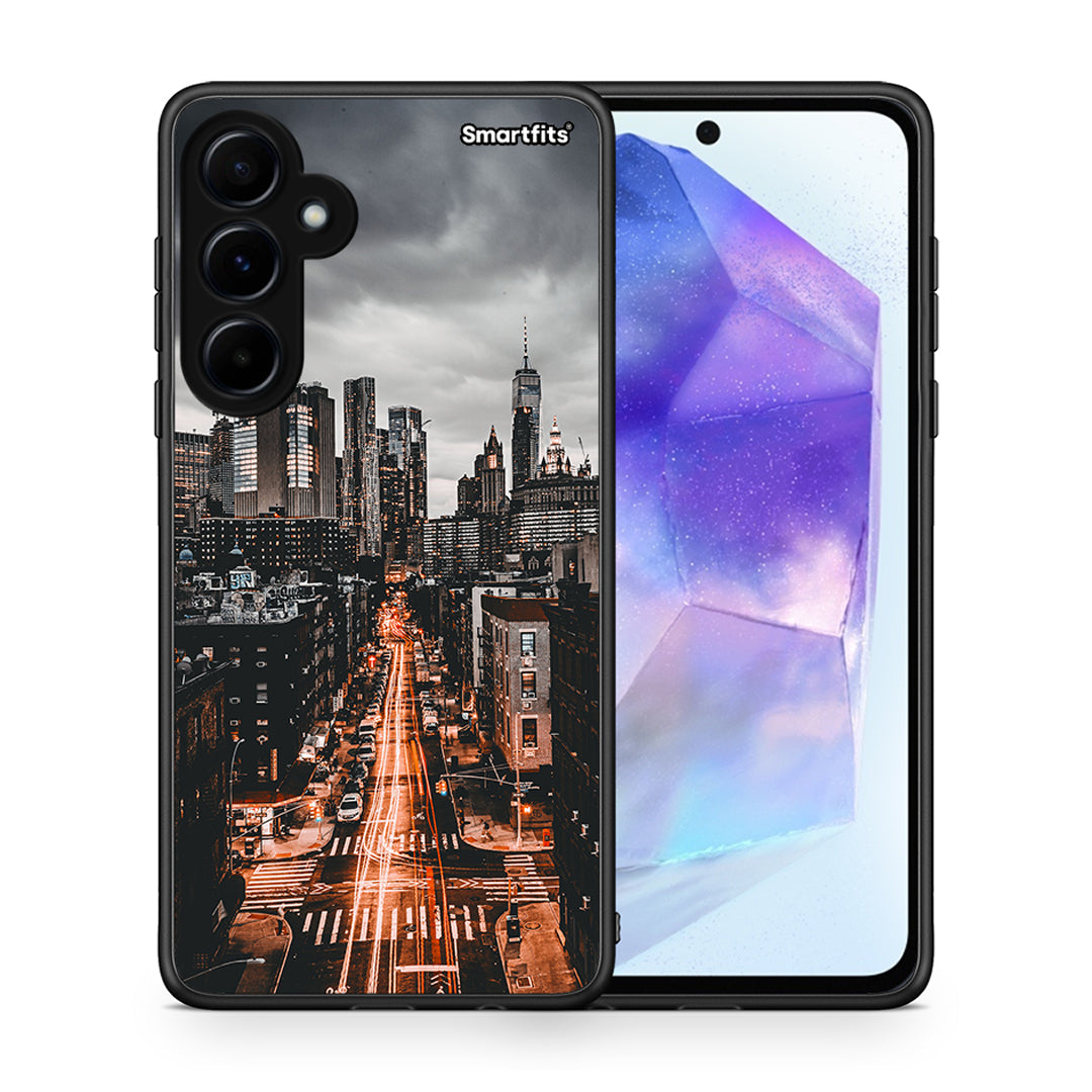 Θήκη Samsung Galaxy A55 City Lights από τη Smartfits με σχέδιο στο πίσω μέρος και μαύρο περίβλημα | Samsung Galaxy A55 City Lights case with colorful back and black bezels