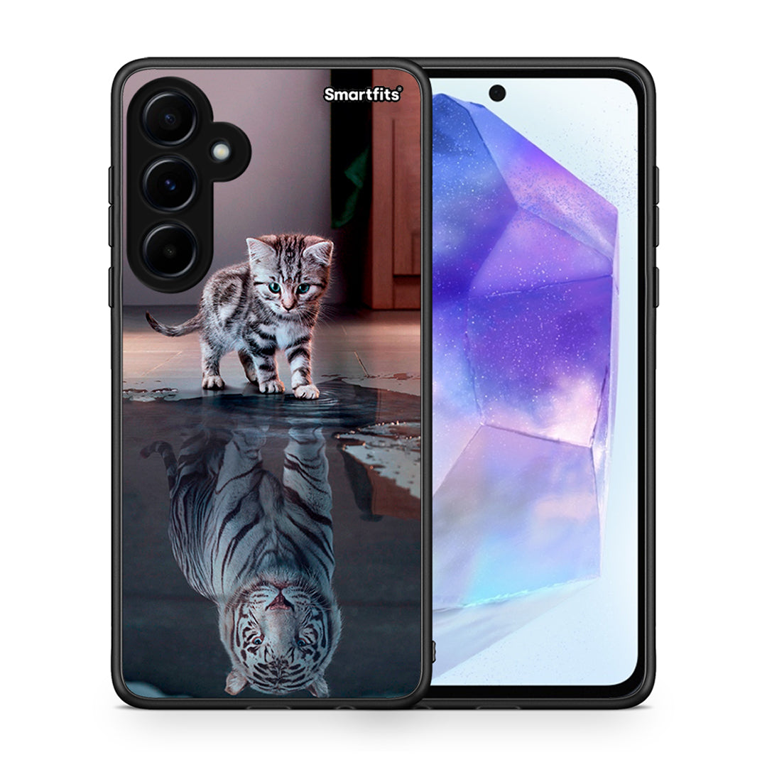 Θήκη Samsung Galaxy A55 Tiger Cute από τη Smartfits με σχέδιο στο πίσω μέρος και μαύρο περίβλημα | Samsung Galaxy A55 Tiger Cute case with colorful back and black bezels