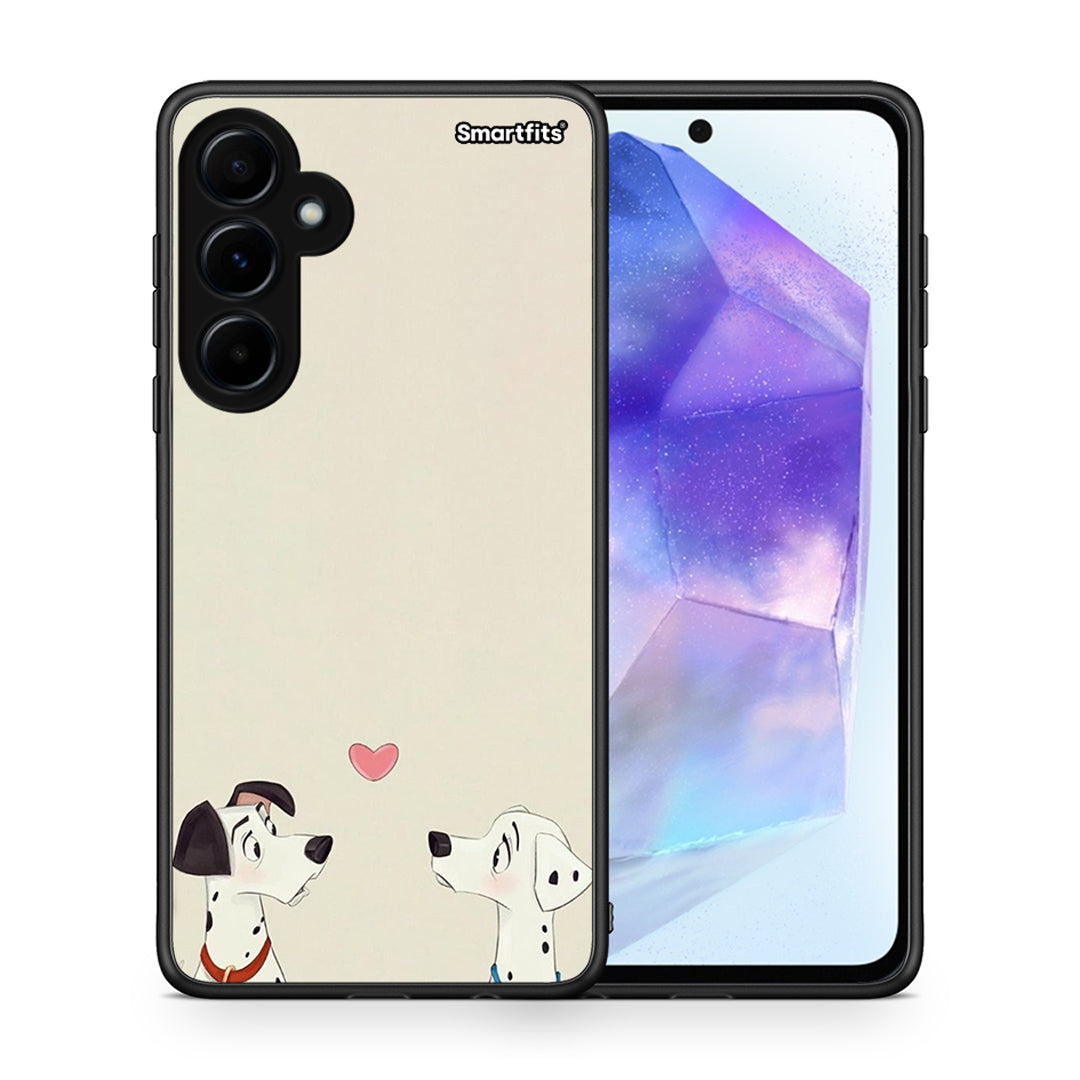 Θήκη Samsung Galaxy A55 Dalmatians Love από τη Smartfits με σχέδιο στο πίσω μέρος και μαύρο περίβλημα | Samsung Galaxy A55 Dalmatians Love case with colorful back and black bezels