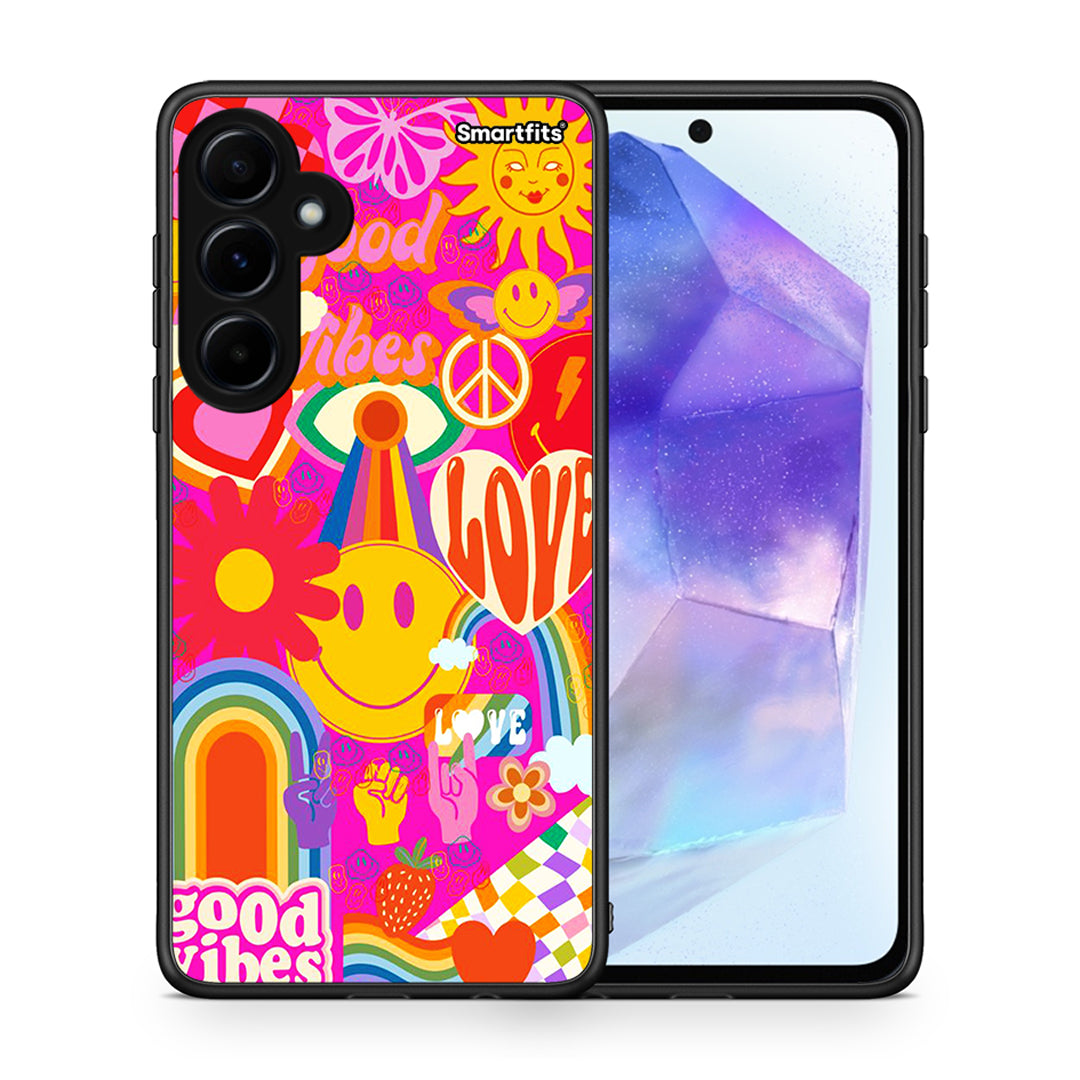 Θήκη Samsung Galaxy A55 Hippie Love από τη Smartfits με σχέδιο στο πίσω μέρος και μαύρο περίβλημα | Samsung Galaxy A55 Hippie Love case with colorful back and black bezels