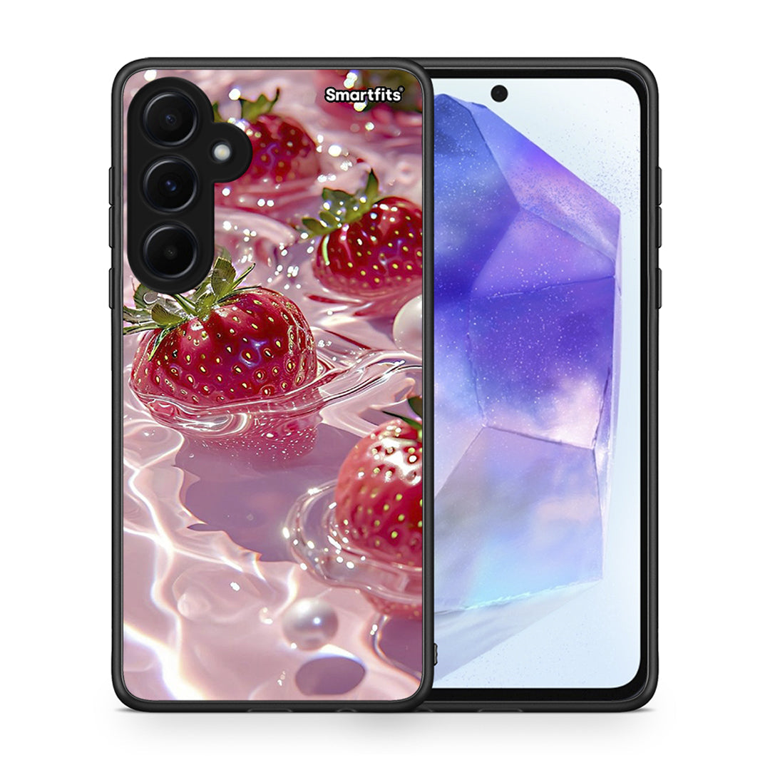 Θήκη Samsung Galaxy A55 Juicy Strawberries από τη Smartfits με σχέδιο στο πίσω μέρος και μαύρο περίβλημα | Samsung Galaxy A55 Juicy Strawberries case with colorful back and black bezels