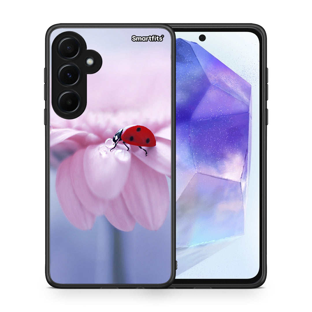 Θήκη Samsung Galaxy A55 Ladybug Flower από τη Smartfits με σχέδιο στο πίσω μέρος και μαύρο περίβλημα | Samsung Galaxy A55 Ladybug Flower case with colorful back and black bezels