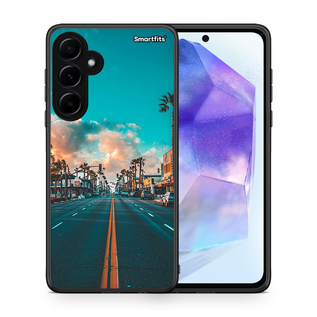 Θήκη Samsung Galaxy A55 City Landscape από τη Smartfits με σχέδιο στο πίσω μέρος και μαύρο περίβλημα | Samsung Galaxy A55 City Landscape case with colorful back and black bezels