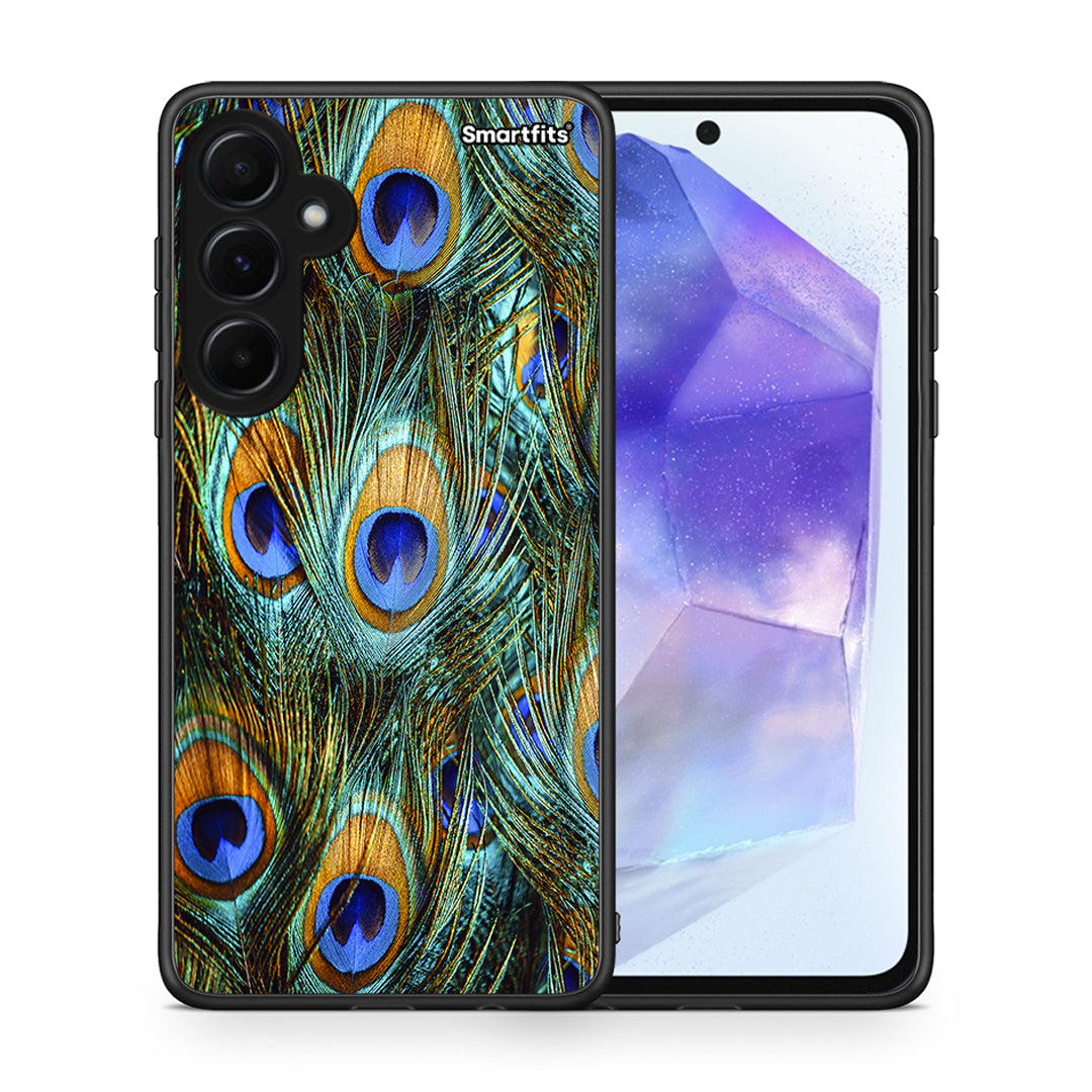 Θήκη Samsung Galaxy A55 Real Peacock Feathers από τη Smartfits με σχέδιο στο πίσω μέρος και μαύρο περίβλημα | Samsung Galaxy A55 Real Peacock Feathers case with colorful back and black bezels