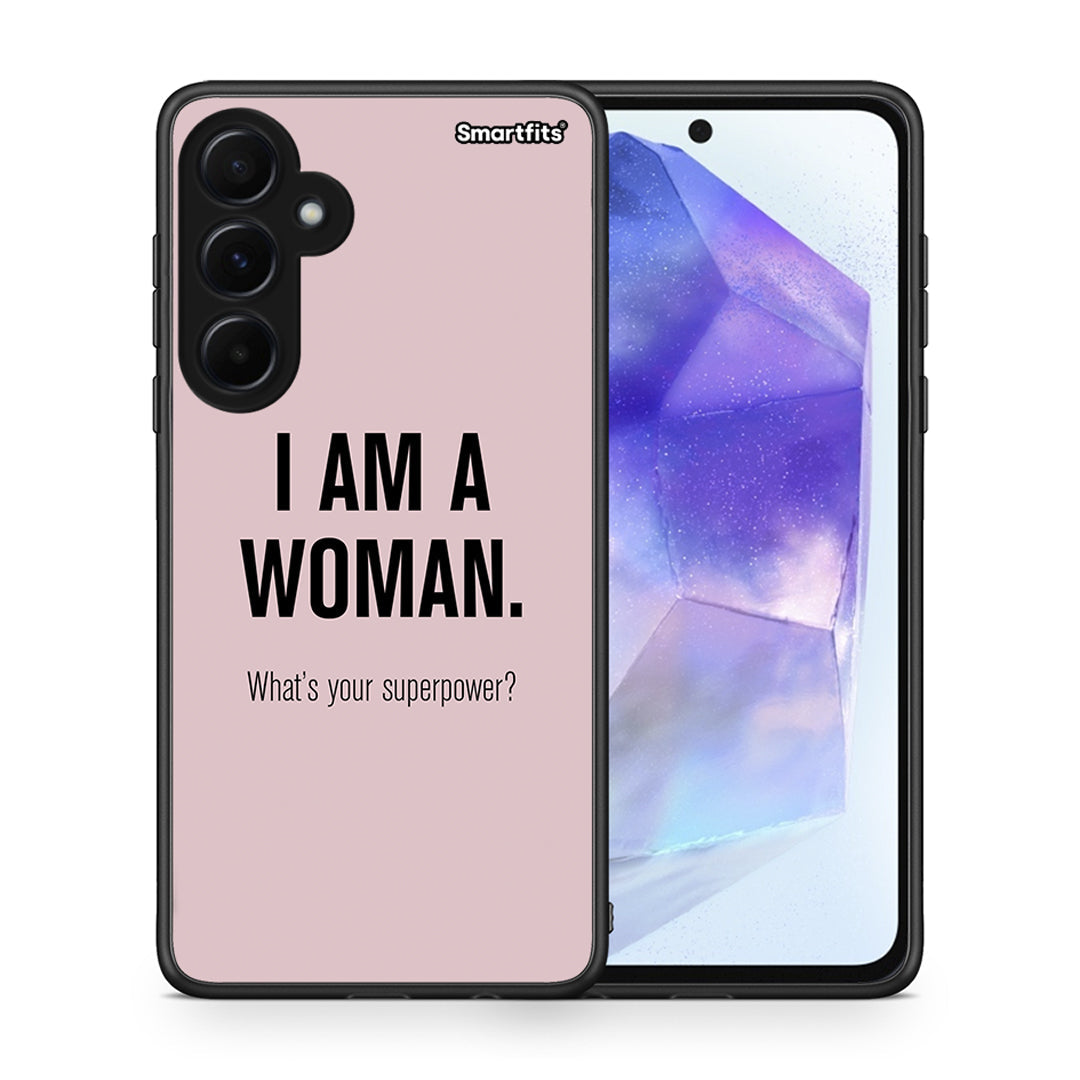 Θήκη Samsung Galaxy A55 Superpower Woman από τη Smartfits με σχέδιο στο πίσω μέρος και μαύρο περίβλημα | Samsung Galaxy A55 Superpower Woman case with colorful back and black bezels