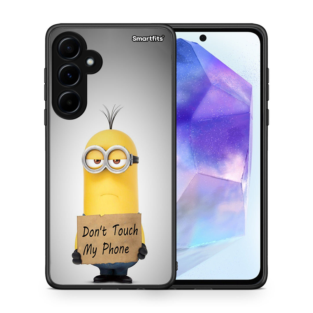 Θήκη Samsung Galaxy A55 Minion Text από τη Smartfits με σχέδιο στο πίσω μέρος και μαύρο περίβλημα | Samsung Galaxy A55 Minion Text case with colorful back and black bezels