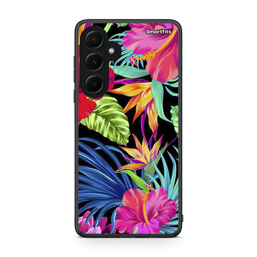 Samsung Galaxy A55 Tropical Flowers θήκη από τη Smartfits με σχέδιο στο πίσω μέρος και μαύρο περίβλημα | Smartphone case with colorful back and black bezels by Smartfits