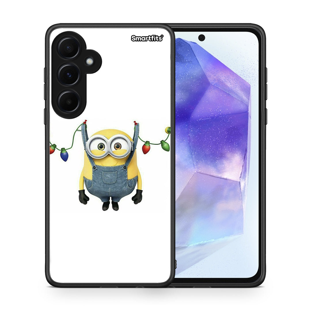 Θήκη Samsung Galaxy A55 Xmas Minion Lights από τη Smartfits με σχέδιο στο πίσω μέρος και μαύρο περίβλημα | Samsung Galaxy A55 Xmas Minion Lights case with colorful back and black bezels