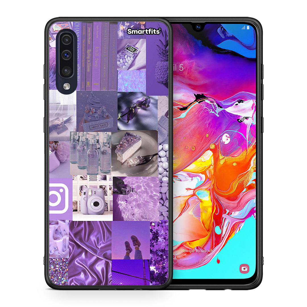 Θήκη Samsung A70 Purple Aesthetic Collage από τη Smartfits με σχέδιο στο πίσω μέρος και μαύρο περίβλημα | Samsung A70 Purple Aesthetic Collage case with colorful back and black bezels