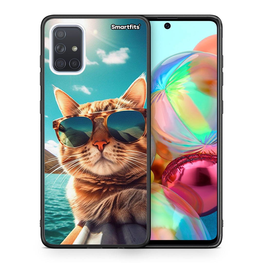 Θήκη Samsung A71 Summer Cat από τη Smartfits με σχέδιο στο πίσω μέρος και μαύρο περίβλημα | Samsung A71 Summer Cat case with colorful back and black bezels