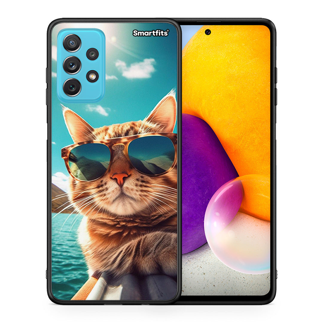 Θήκη Samsung A72 Summer Cat από τη Smartfits με σχέδιο στο πίσω μέρος και μαύρο περίβλημα | Samsung A72 Summer Cat case with colorful back and black bezels