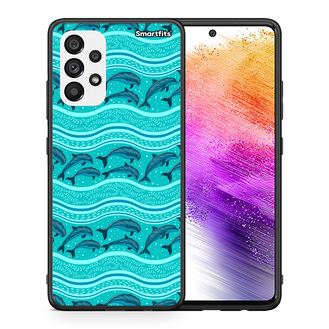 Θήκη Samsung A73 5G Swimming Dolphins από τη Smartfits με σχέδιο στο πίσω μέρος και μαύρο περίβλημα | Samsung A73 5G Swimming Dolphins case with colorful back and black bezels