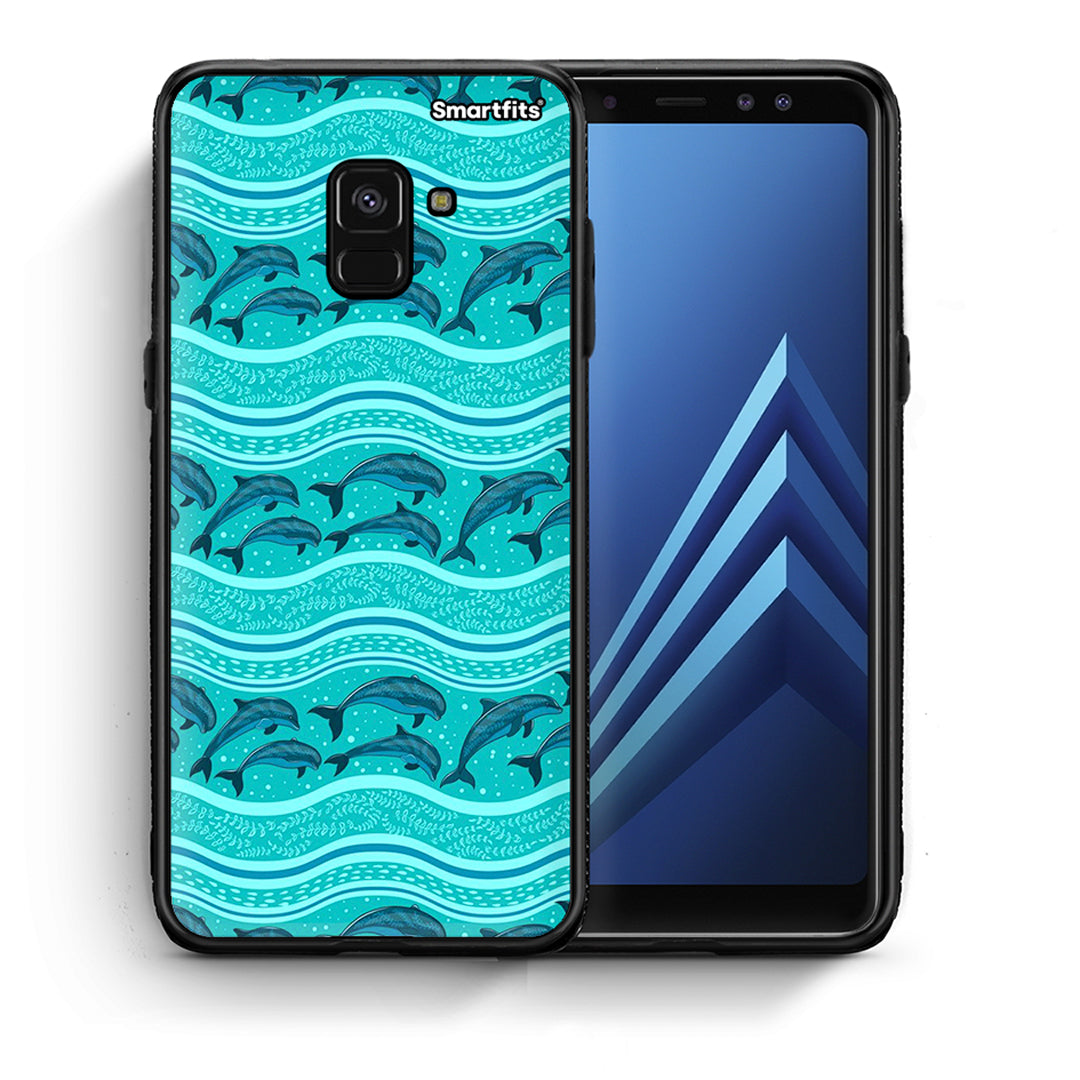 Θήκη Samsung A8 Swimming Dolphins από τη Smartfits με σχέδιο στο πίσω μέρος και μαύρο περίβλημα | Samsung A8 Swimming Dolphins case with colorful back and black bezels