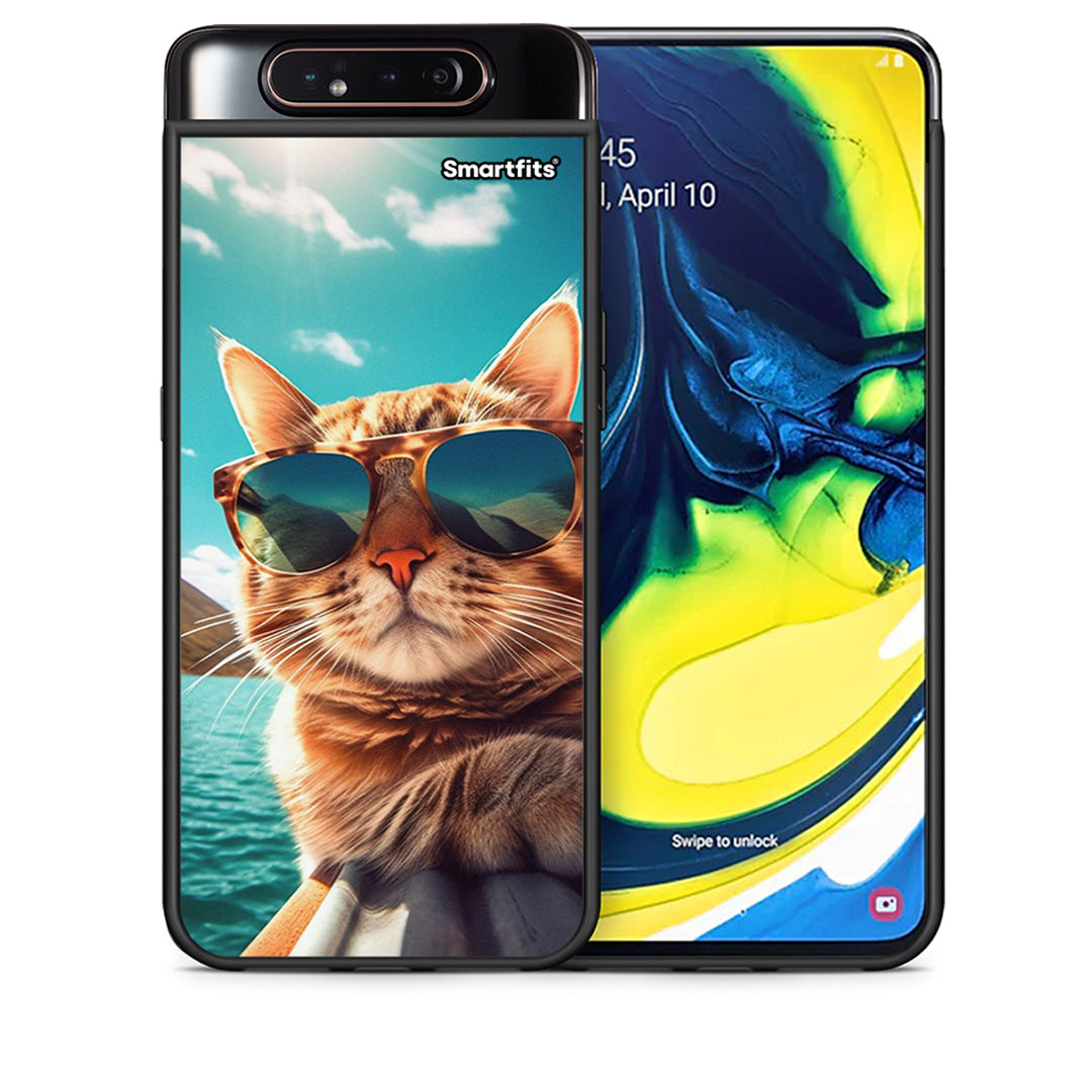 Θήκη Samsung A80 Summer Cat από τη Smartfits με σχέδιο στο πίσω μέρος και μαύρο περίβλημα | Samsung A80 Summer Cat case with colorful back and black bezels