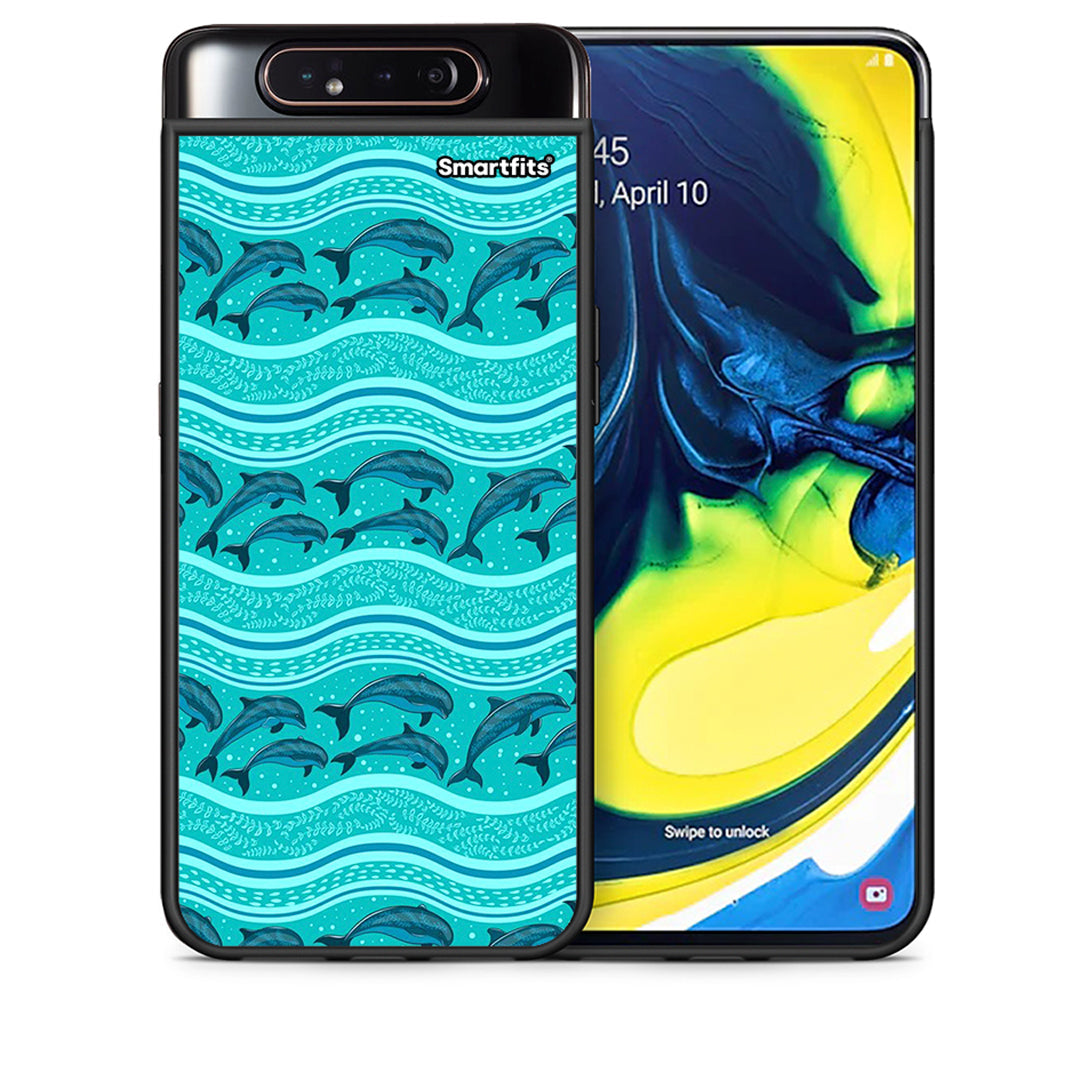 Θήκη Samsung A80 Swimming Dolphins από τη Smartfits με σχέδιο στο πίσω μέρος και μαύρο περίβλημα | Samsung A80 Swimming Dolphins case with colorful back and black bezels