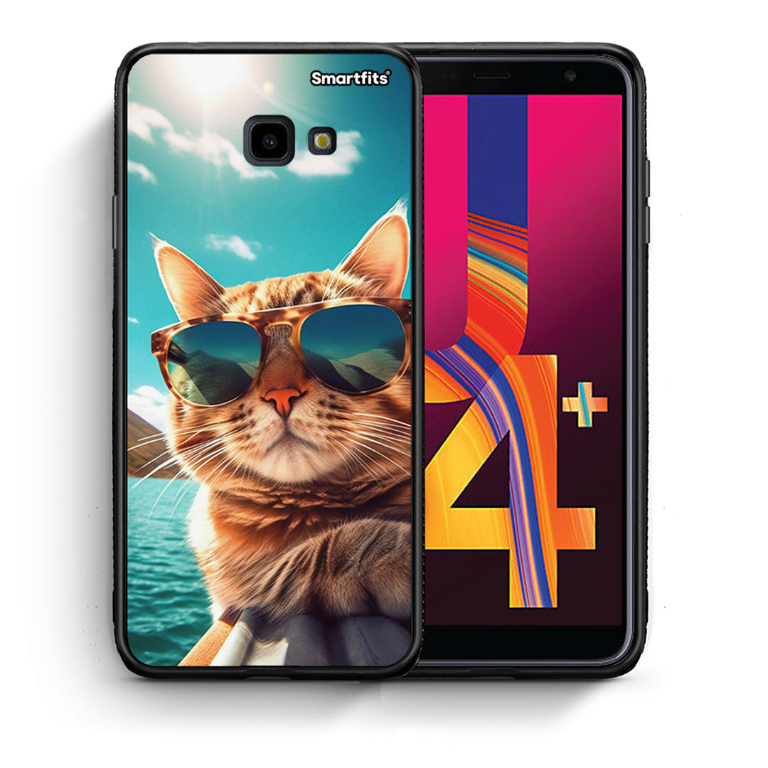 Θήκη Samsung J4 Plus Summer Cat από τη Smartfits με σχέδιο στο πίσω μέρος και μαύρο περίβλημα | Samsung J4 Plus Summer Cat case with colorful back and black bezels