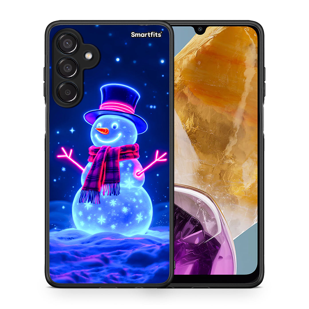 Θήκη Samsung Galaxy M15 Christmas Neon Snowman από τη Smartfits με σχέδιο στο πίσω μέρος και μαύρο περίβλημα | Samsung Galaxy M15 Christmas Neon Snowman case with colorful back and black bezels