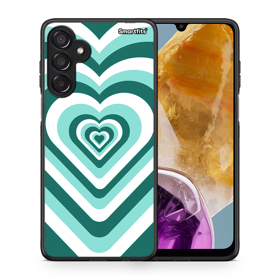 Θήκη Samsung Galaxy M15 Green Hearts από τη Smartfits με σχέδιο στο πίσω μέρος και μαύρο περίβλημα | Samsung Galaxy M15 Green Hearts case with colorful back and black bezels