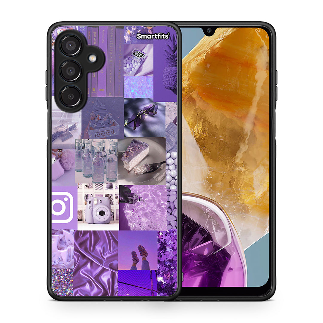 Θήκη Samsung Galaxy M15 Purple Aesthetic Collage από τη Smartfits με σχέδιο στο πίσω μέρος και μαύρο περίβλημα | Samsung Galaxy M15 Purple Aesthetic Collage case with colorful back and black bezels