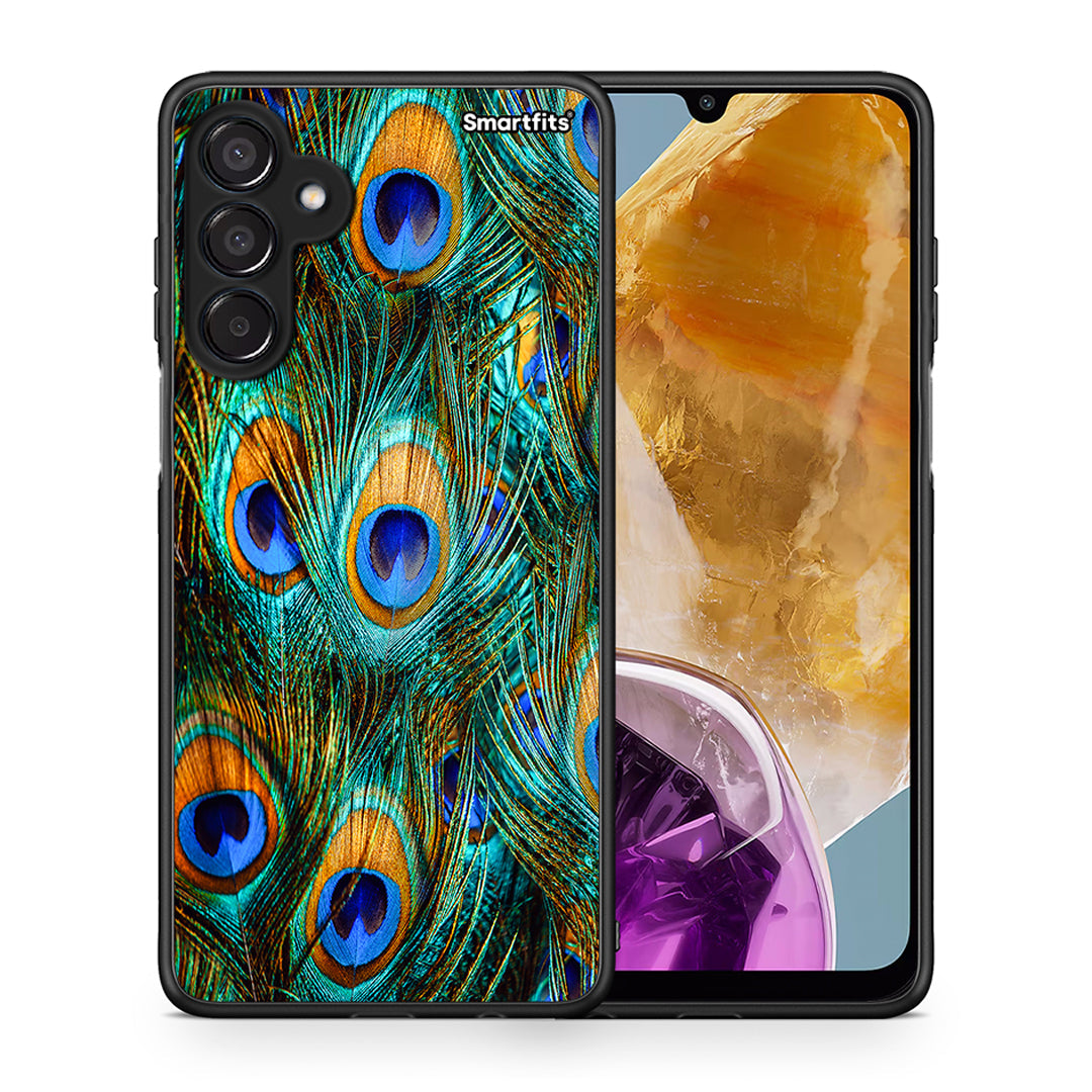 Θήκη Samsung Galaxy M15 Real Peacock Feathers από τη Smartfits με σχέδιο στο πίσω μέρος και μαύρο περίβλημα | Samsung Galaxy M15 Real Peacock Feathers case with colorful back and black bezels