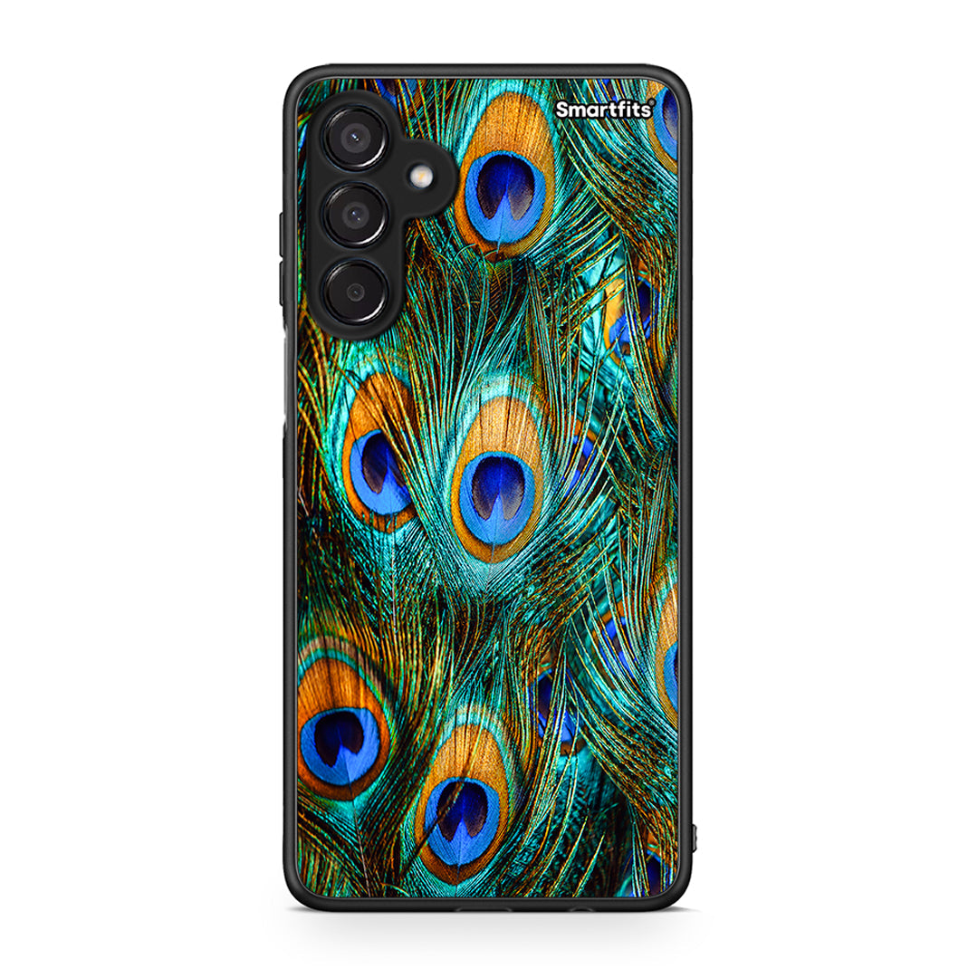 Samsung Galaxy M15 Real Peacock Feathers θήκη από τη Smartfits με σχέδιο στο πίσω μέρος και μαύρο περίβλημα | Smartphone case with colorful back and black bezels by Smartfits