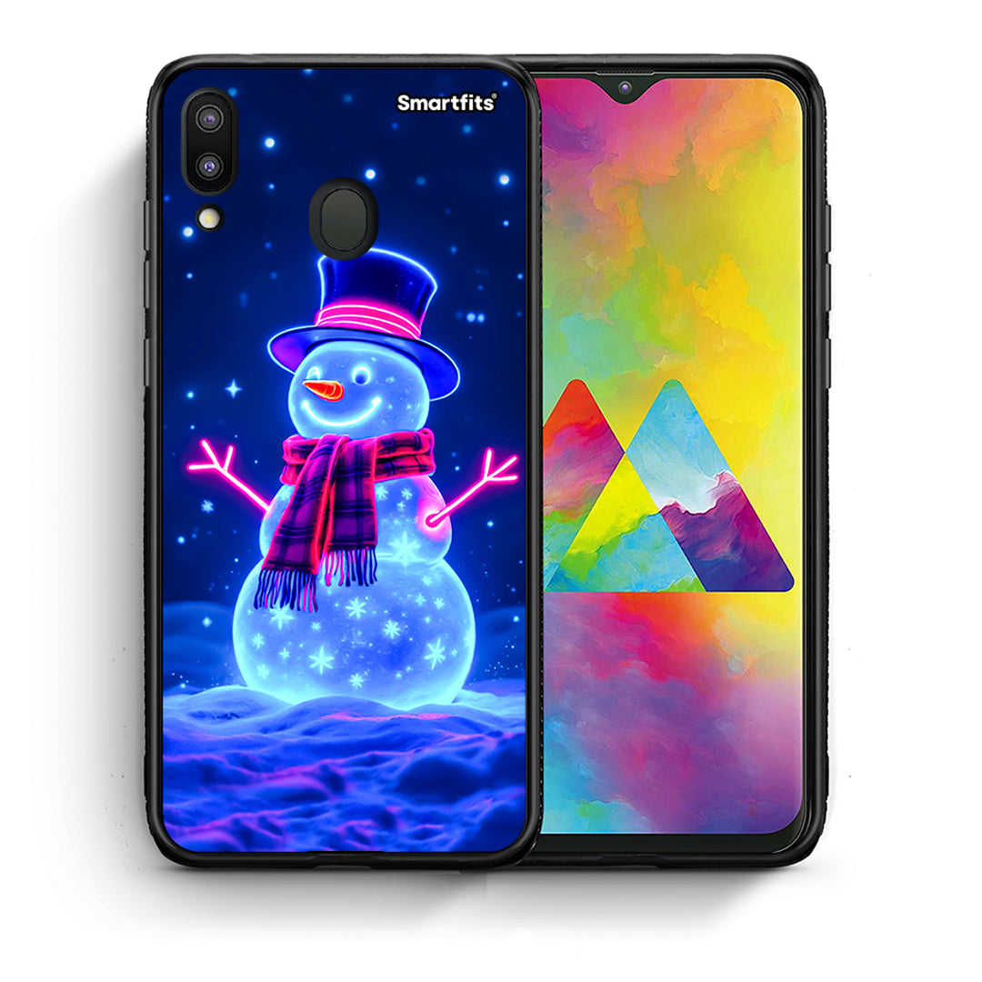 Θήκη Samsung M20 Christmas Neon Snowman από τη Smartfits με σχέδιο στο πίσω μέρος και μαύρο περίβλημα | Samsung M20 Christmas Neon Snowman case with colorful back and black bezels