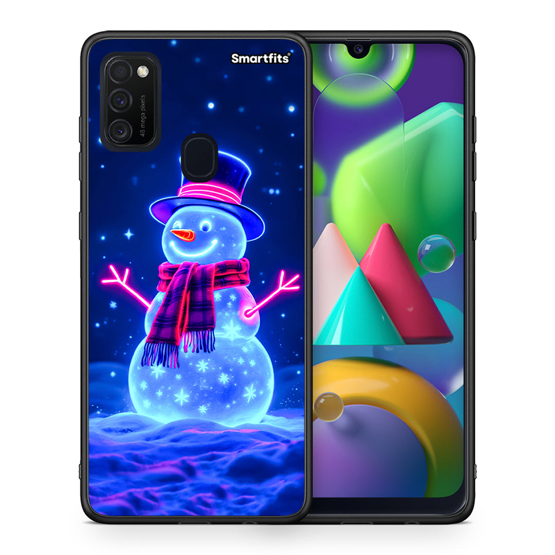 Θήκη Samsung M21/M31 Christmas Neon Snowman από τη Smartfits με σχέδιο στο πίσω μέρος και μαύρο περίβλημα | Samsung M21/M31 Christmas Neon Snowman case with colorful back and black bezels