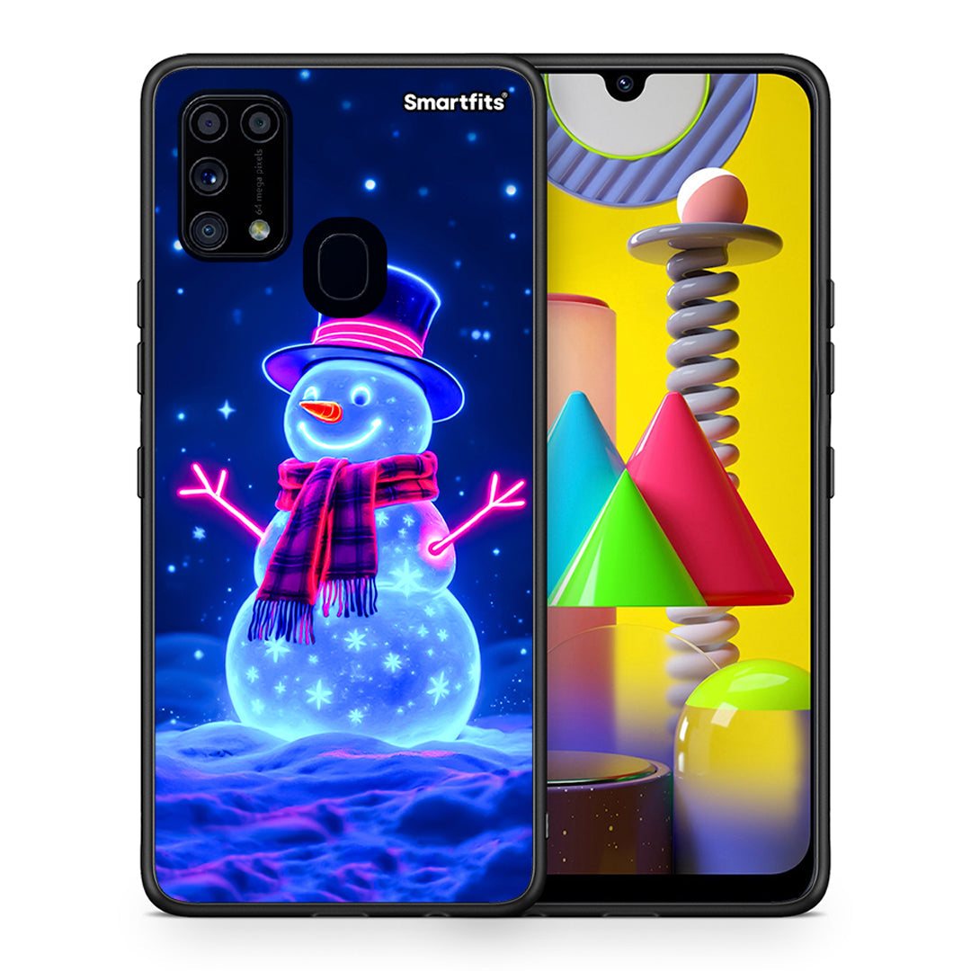 Θήκη Samsung M31 Christmas Neon Snowman από τη Smartfits με σχέδιο στο πίσω μέρος και μαύρο περίβλημα | Samsung M31 Christmas Neon Snowman case with colorful back and black bezels