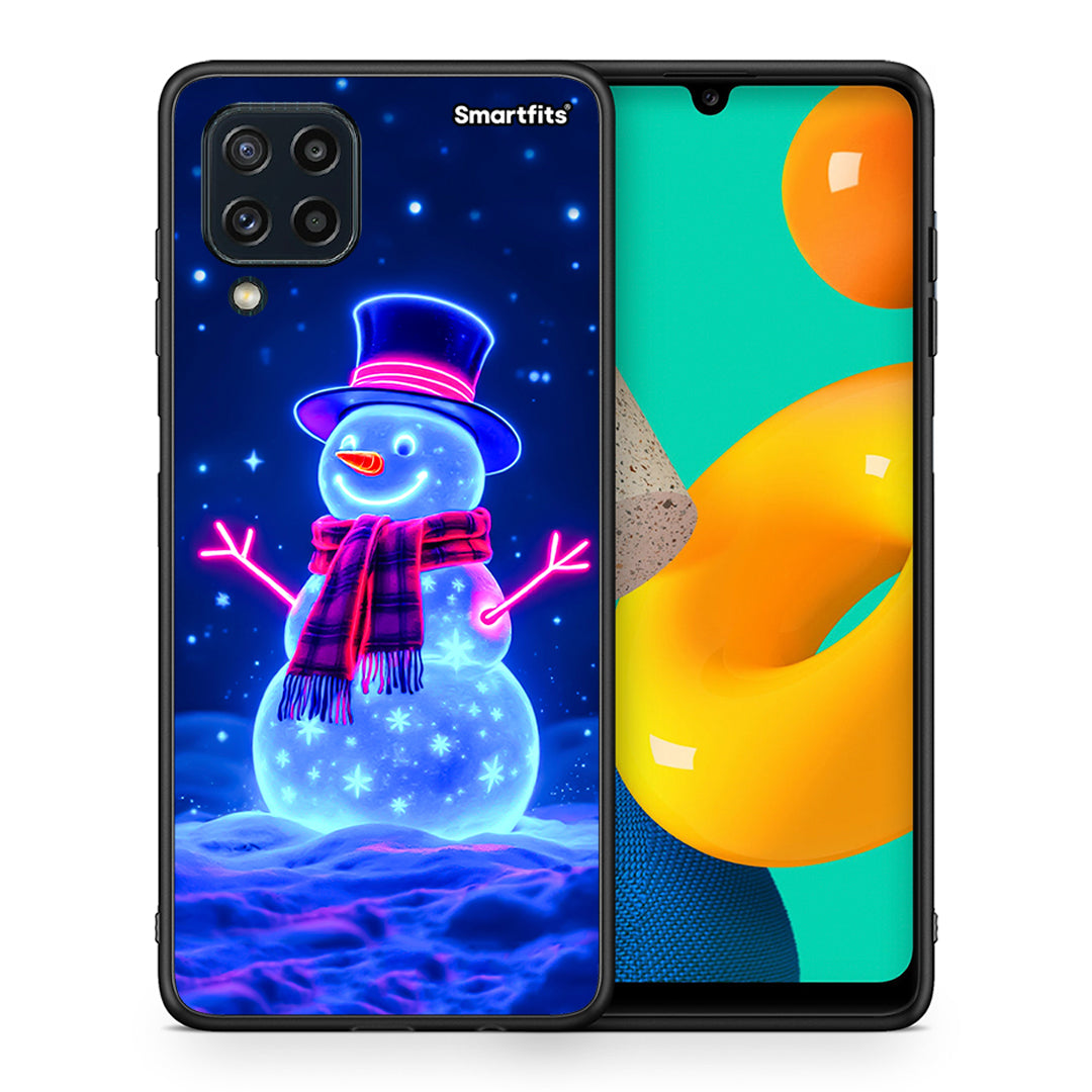 Θήκη Samsung M32 4G Christmas Neon Snowman από τη Smartfits με σχέδιο στο πίσω μέρος και μαύρο περίβλημα | Samsung M32 4G Christmas Neon Snowman case with colorful back and black bezels