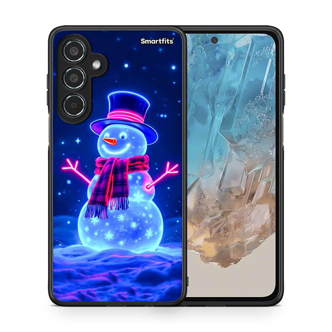 Θήκη Samsung Galaxy M35 5G Christmas Neon Snowman από τη Smartfits με σχέδιο στο πίσω μέρος και μαύρο περίβλημα | Samsung Galaxy M35 5G Christmas Neon Snowman case with colorful back and black bezels