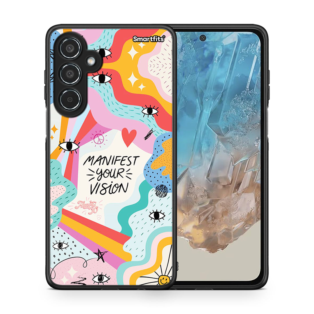 Θήκη Samsung Galaxy M35 5G Manifest Your Vision από τη Smartfits με σχέδιο στο πίσω μέρος και μαύρο περίβλημα | Samsung Galaxy M35 5G Manifest Your Vision case with colorful back and black bezels