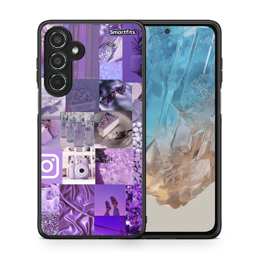 Θήκη Samsung Galaxy M35 5G Purple Aesthetic Collage από τη Smartfits με σχέδιο στο πίσω μέρος και μαύρο περίβλημα | Samsung Galaxy M35 5G Purple Aesthetic Collage case with colorful back and black bezels