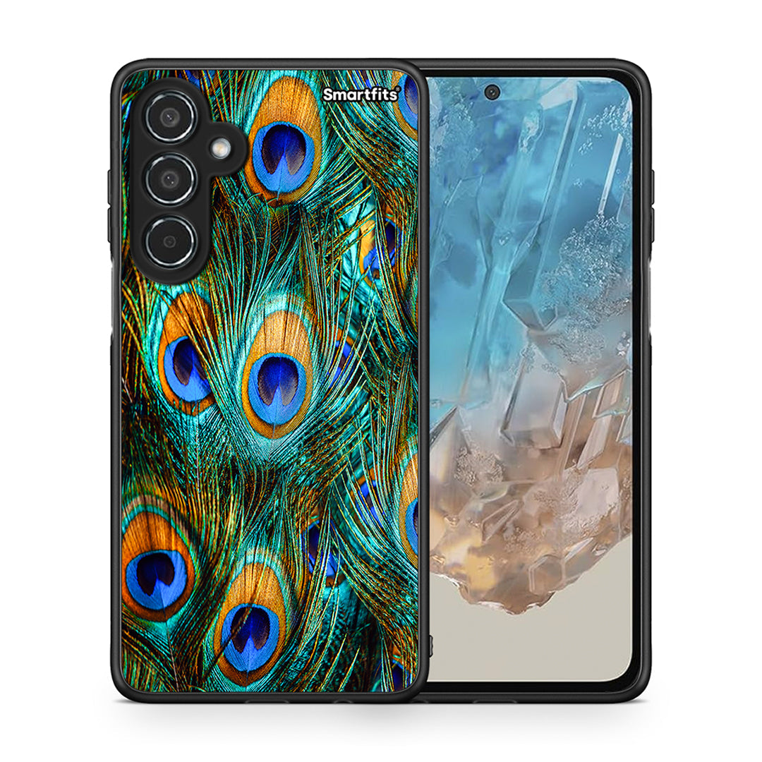 Θήκη Samsung Galaxy M35 5G Real Peacock Feathers από τη Smartfits με σχέδιο στο πίσω μέρος και μαύρο περίβλημα | Samsung Galaxy M35 5G Real Peacock Feathers case with colorful back and black bezels