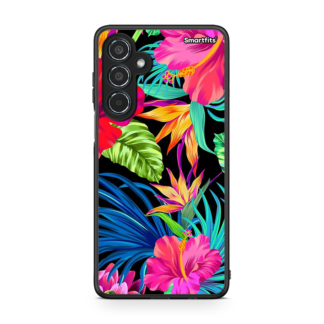 Samsung Galaxy M35 5G Tropical Flowers θήκη από τη Smartfits με σχέδιο στο πίσω μέρος και μαύρο περίβλημα | Smartphone case with colorful back and black bezels by Smartfits