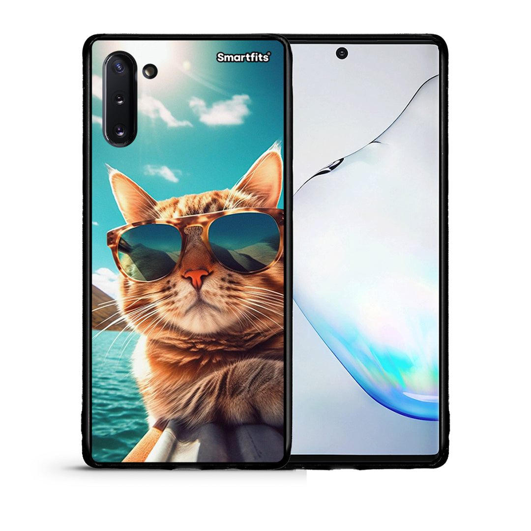 Θήκη Samsung Note 10 Summer Cat από τη Smartfits με σχέδιο στο πίσω μέρος και μαύρο περίβλημα | Samsung Note 10 Summer Cat case with colorful back and black bezels