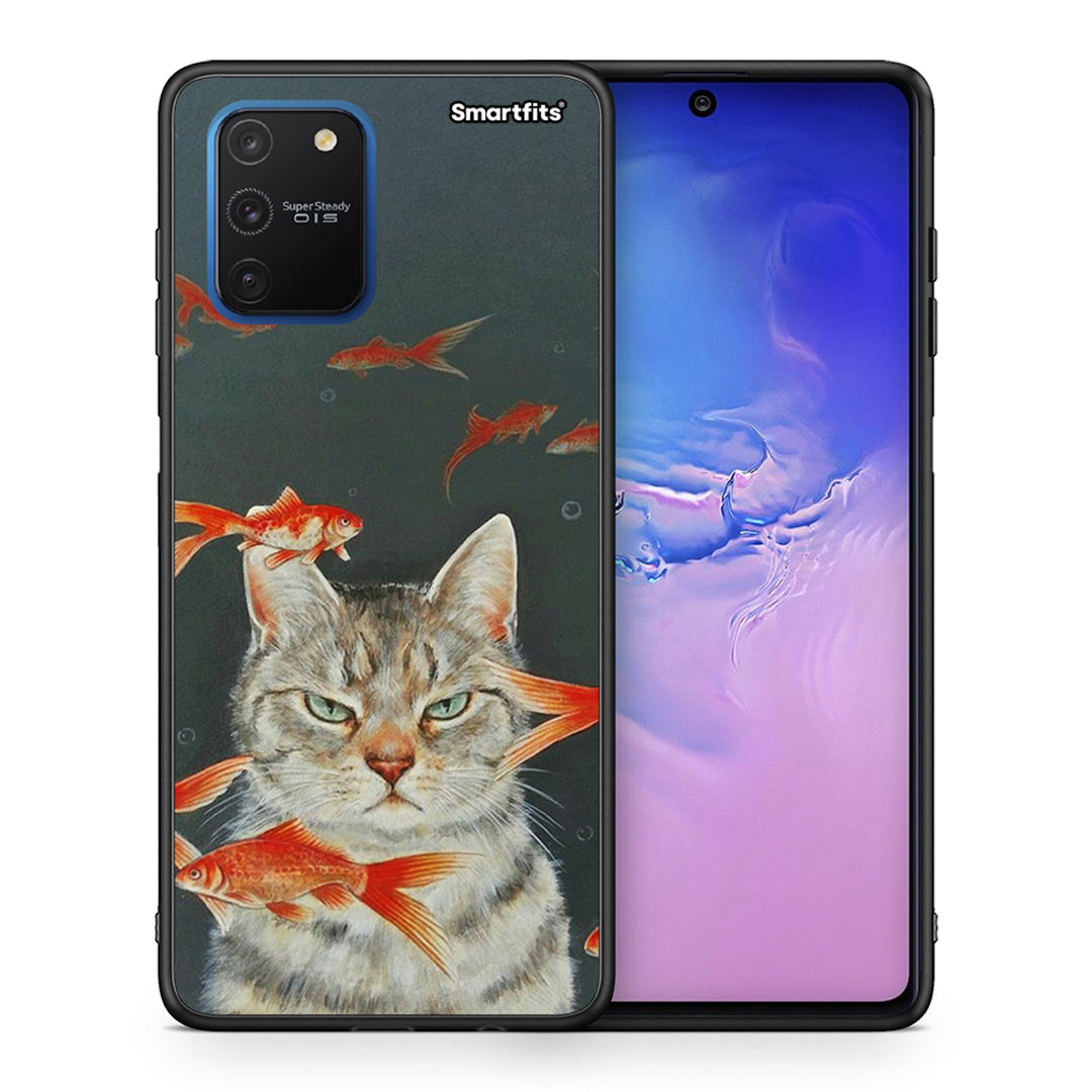 Θήκη Samsung Galaxy S10 Lite Cat Goldfish από τη Smartfits με σχέδιο στο πίσω μέρος και μαύρο περίβλημα | Samsung Galaxy S10 Lite Cat Goldfish case with colorful back and black bezels