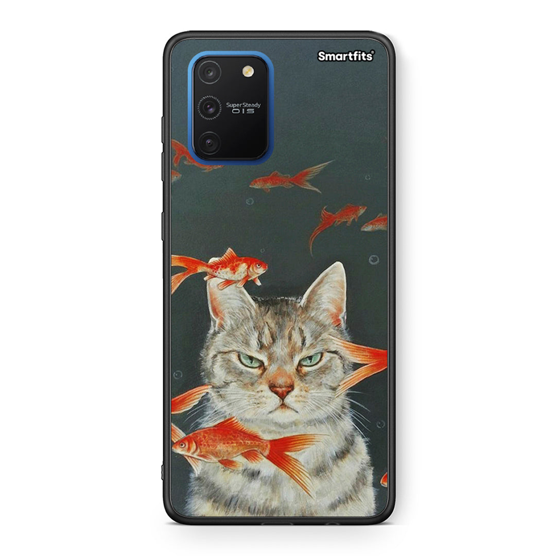 Samsung Galaxy S10 Lite Cat Goldfish θήκη από τη Smartfits με σχέδιο στο πίσω μέρος και μαύρο περίβλημα | Smartphone case with colorful back and black bezels by Smartfits