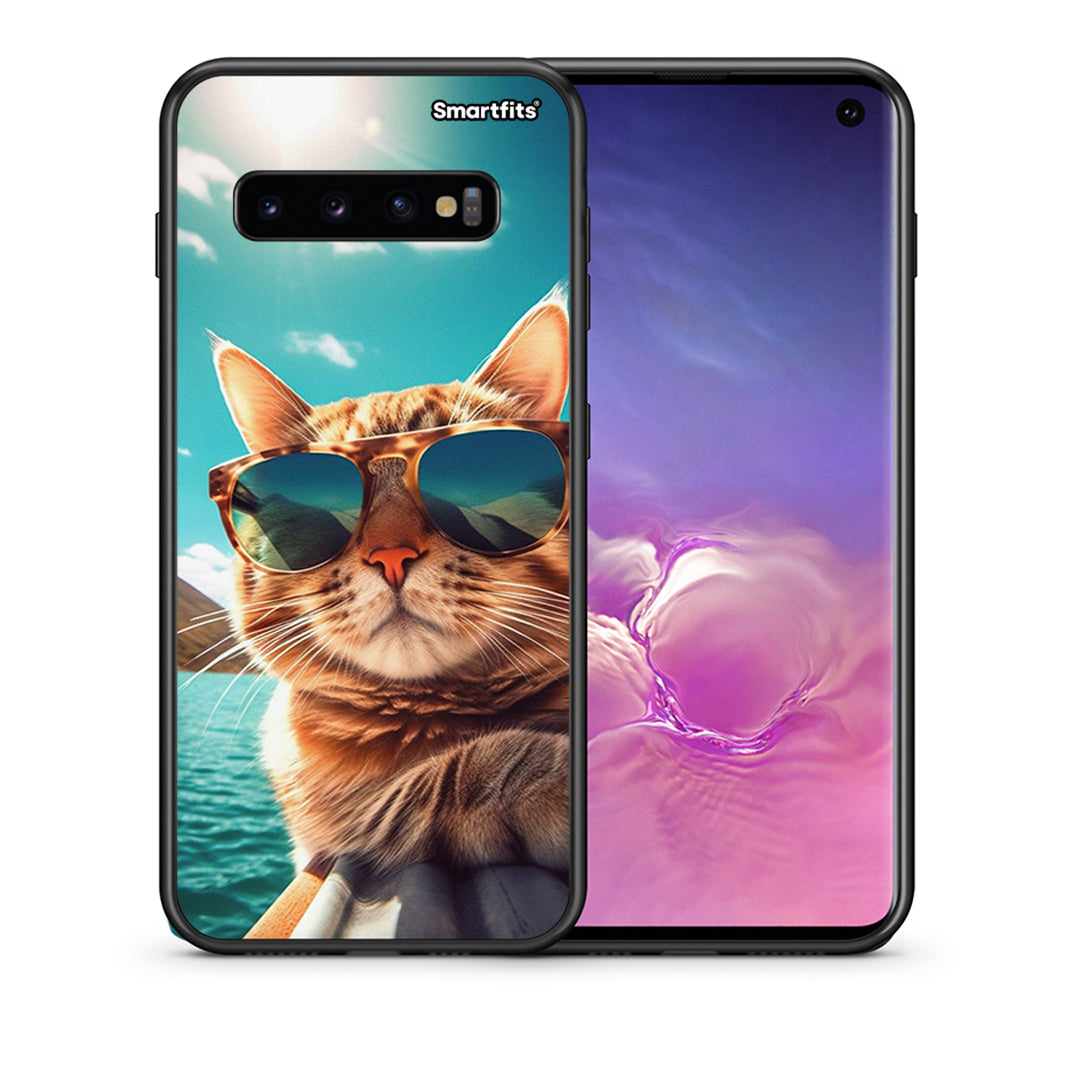 Θήκη Samsung S10 Summer Cat από τη Smartfits με σχέδιο στο πίσω μέρος και μαύρο περίβλημα | Samsung S10 Summer Cat case with colorful back and black bezels