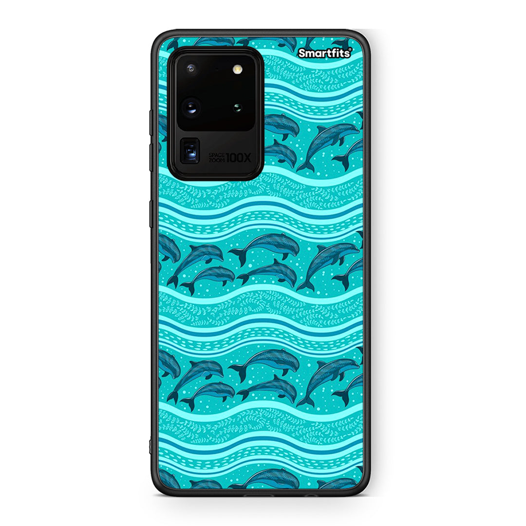 Samsung S20 Ultra Swimming Dolphins θήκη από τη Smartfits με σχέδιο στο πίσω μέρος και μαύρο περίβλημα | Smartphone case with colorful back and black bezels by Smartfits