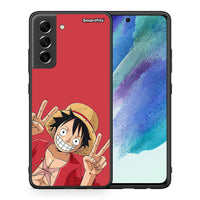 Thumbnail for Θήκη Samsung S21 FE Pirate Luffy από τη Smartfits με σχέδιο στο πίσω μέρος και μαύρο περίβλημα | Samsung S21 FE Pirate Luffy case with colorful back and black bezels