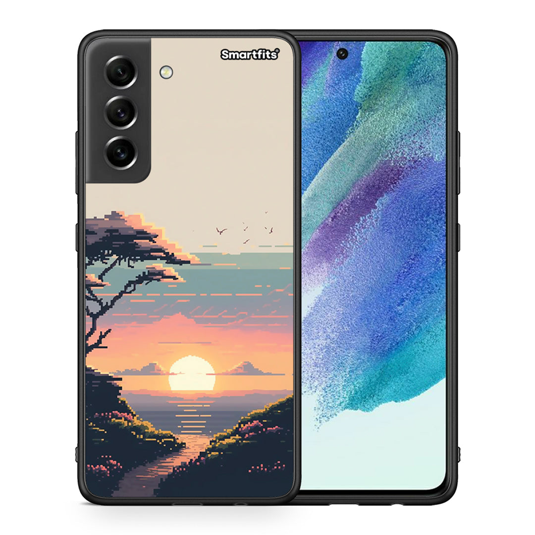 Θήκη Samsung S21 FE Pixel Sunset από τη Smartfits με σχέδιο στο πίσω μέρος και μαύρο περίβλημα | Samsung S21 FE Pixel Sunset case with colorful back and black bezels