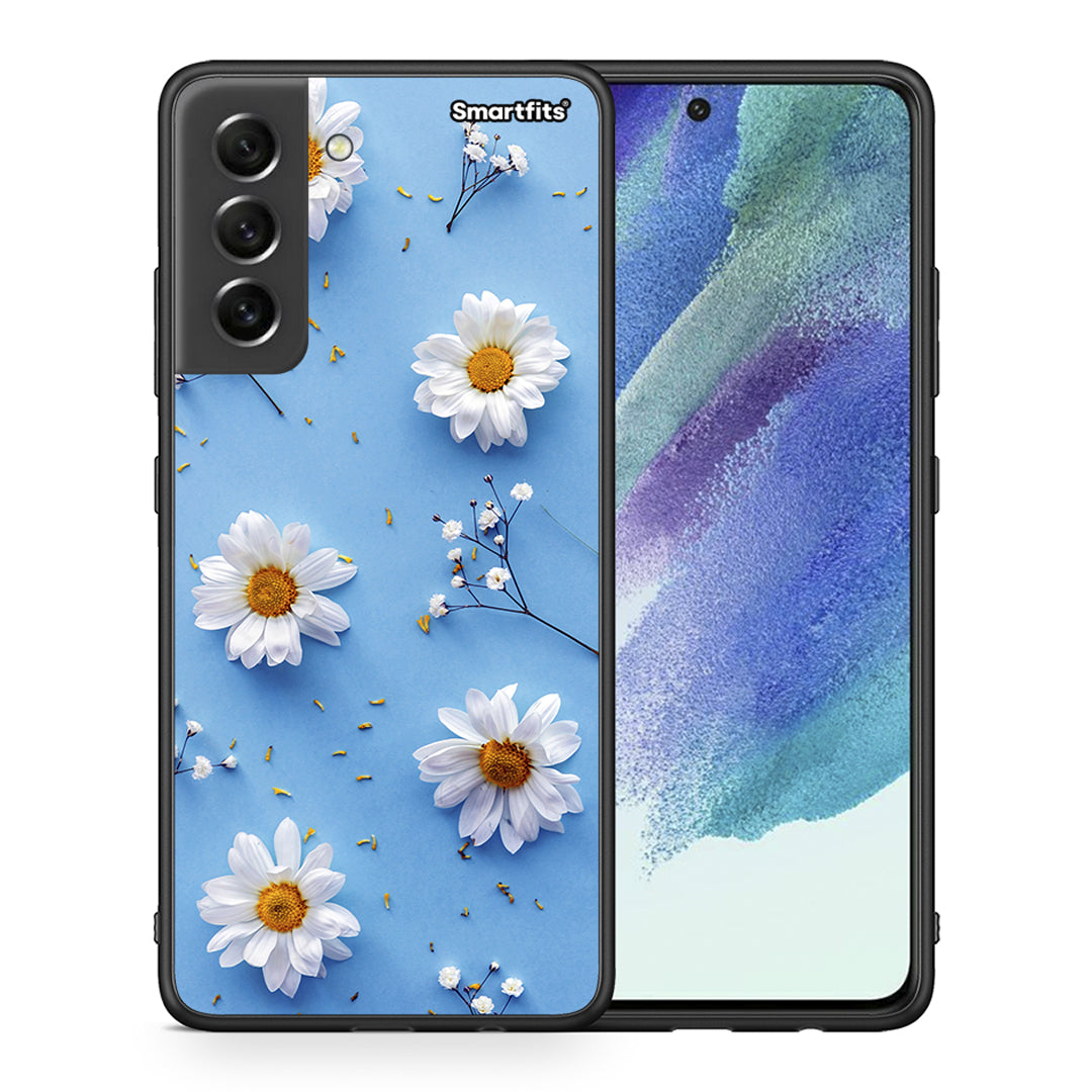 Θήκη Samsung S21 FE Real Daisies από τη Smartfits με σχέδιο στο πίσω μέρος και μαύρο περίβλημα | Samsung S21 FE Real Daisies case with colorful back and black bezels