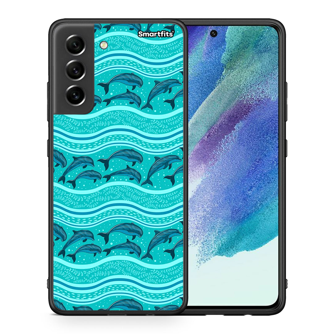 Θήκη Samsung S21 FE Swimming Dolphins από τη Smartfits με σχέδιο στο πίσω μέρος και μαύρο περίβλημα | Samsung S21 FE Swimming Dolphins case with colorful back and black bezels