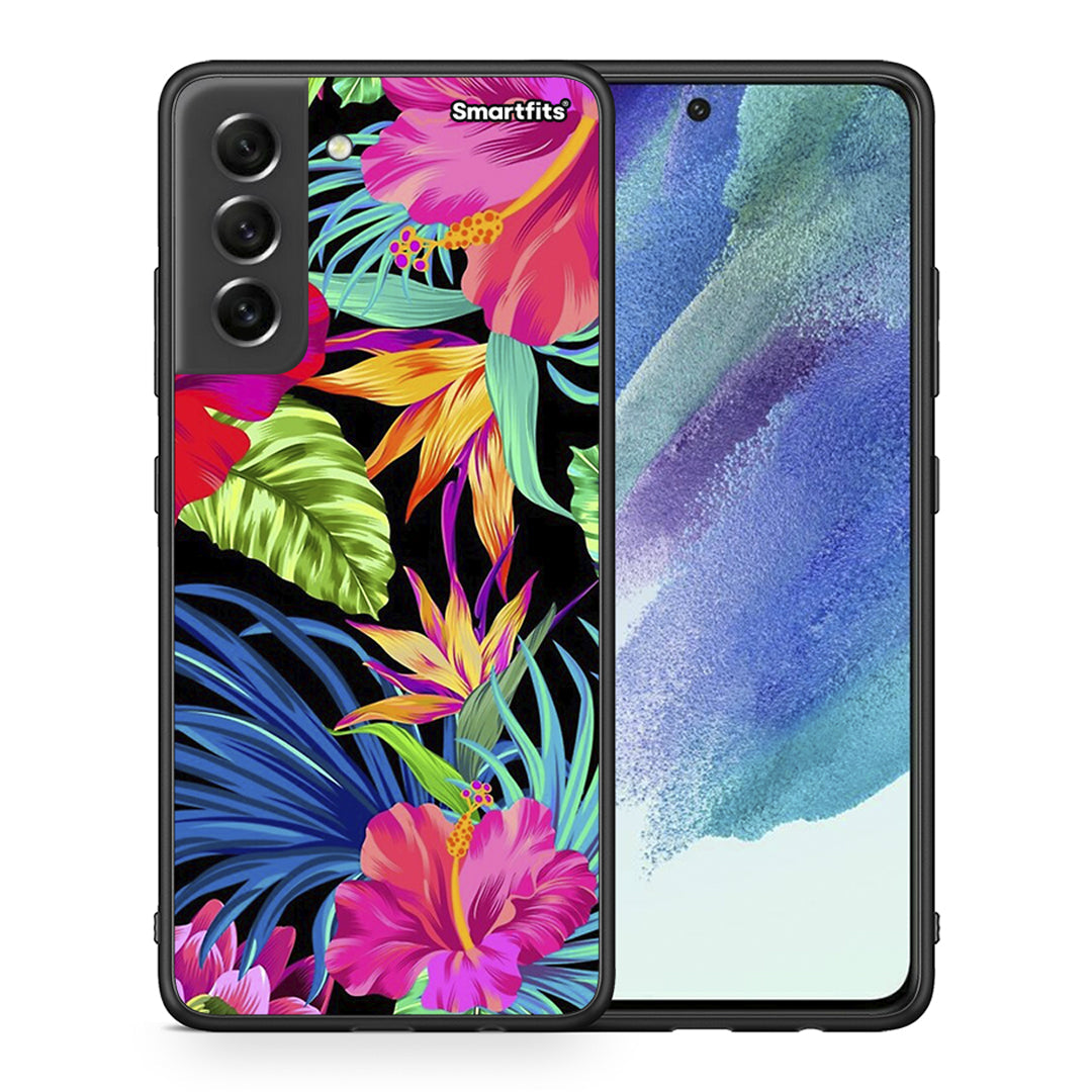 Θήκη Samsung S21 FE Tropical Flowers από τη Smartfits με σχέδιο στο πίσω μέρος και μαύρο περίβλημα | Samsung S21 FE Tropical Flowers case with colorful back and black bezels