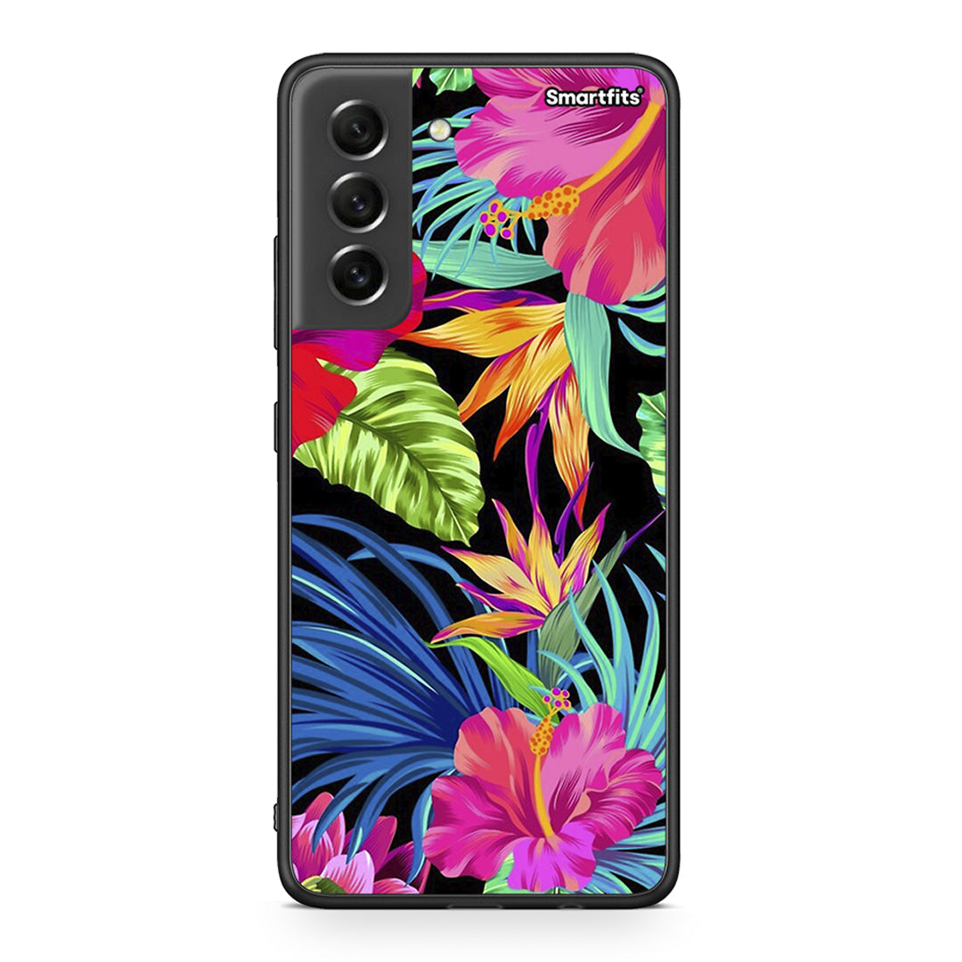Samsung S21 FE Tropical Flowers θήκη από τη Smartfits με σχέδιο στο πίσω μέρος και μαύρο περίβλημα | Smartphone case with colorful back and black bezels by Smartfits